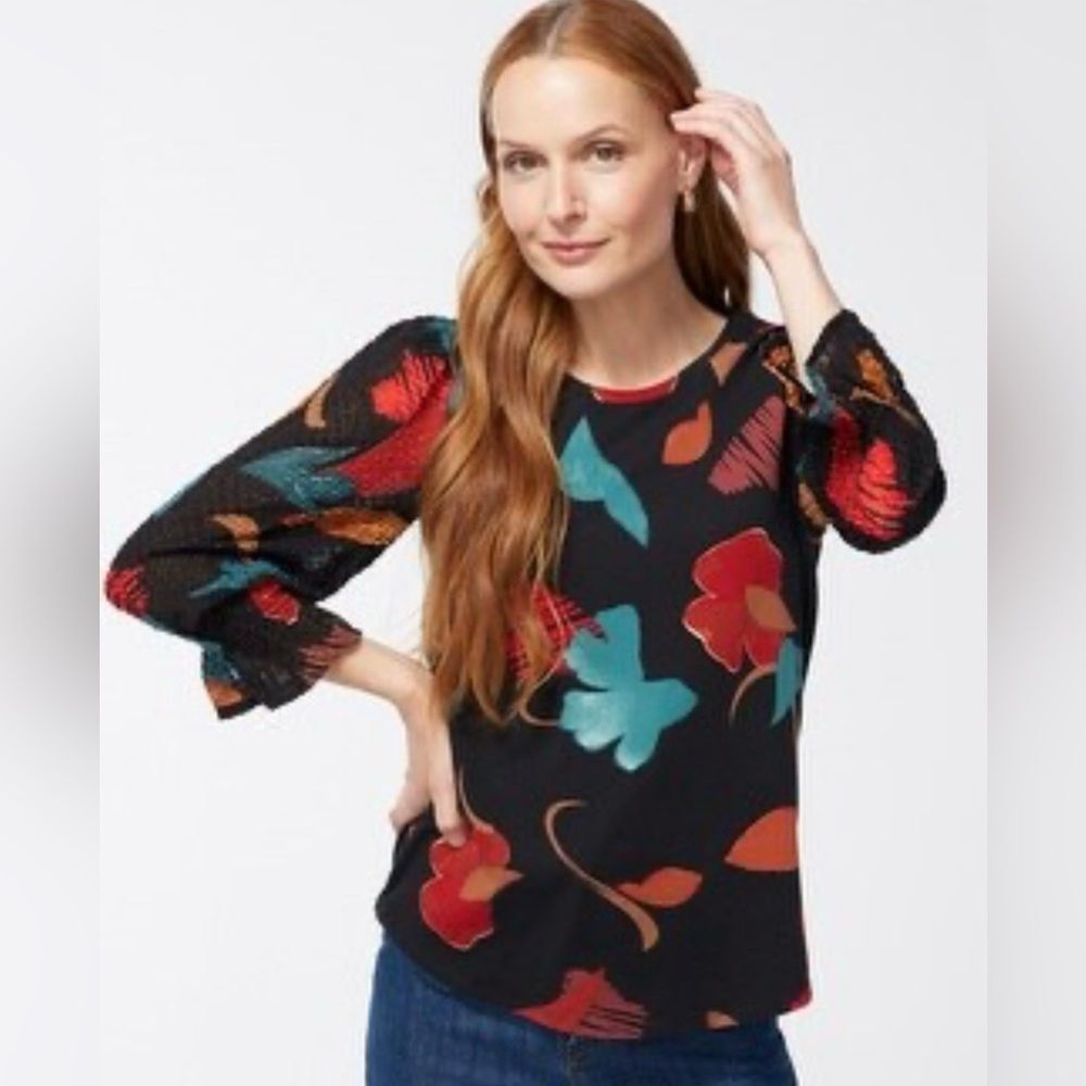 Chico’s Abstract Print Chiffon Crinkle Sleeve Top SZ 2XL Black Clip Dot Accents